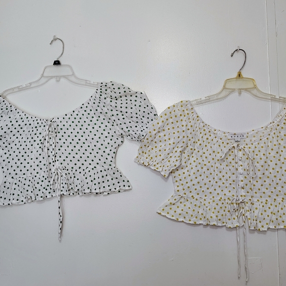 NWOT HYFVE bundle 2 Crop Top polka dots tie, puff sleeves, cotton sz L. - Picture 13 of 16